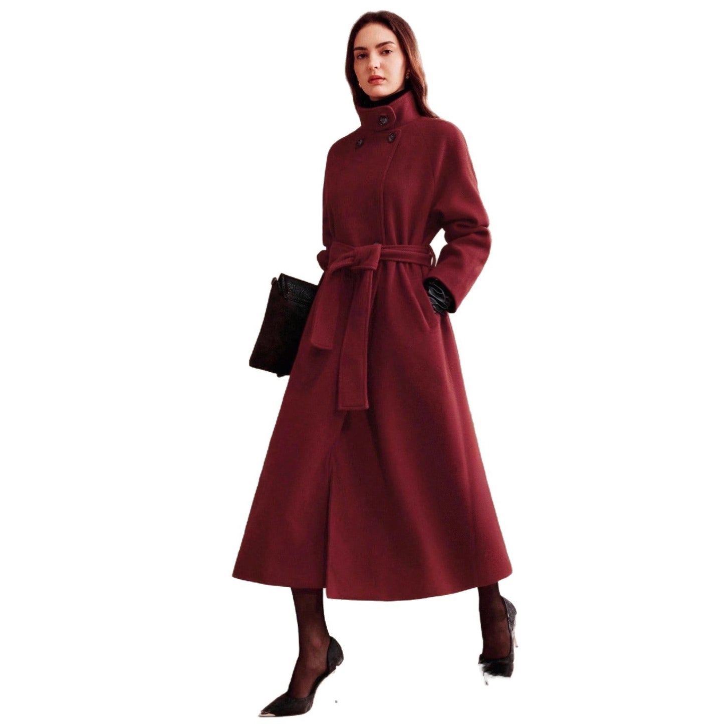 Manteau long en laine à double boutonnage avec col de costume