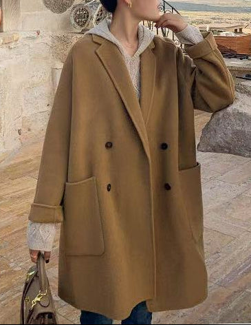 Manteau en laine lâche de style simple mi-long