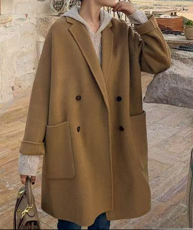 Manteau en laine lâche de style simple mi-long