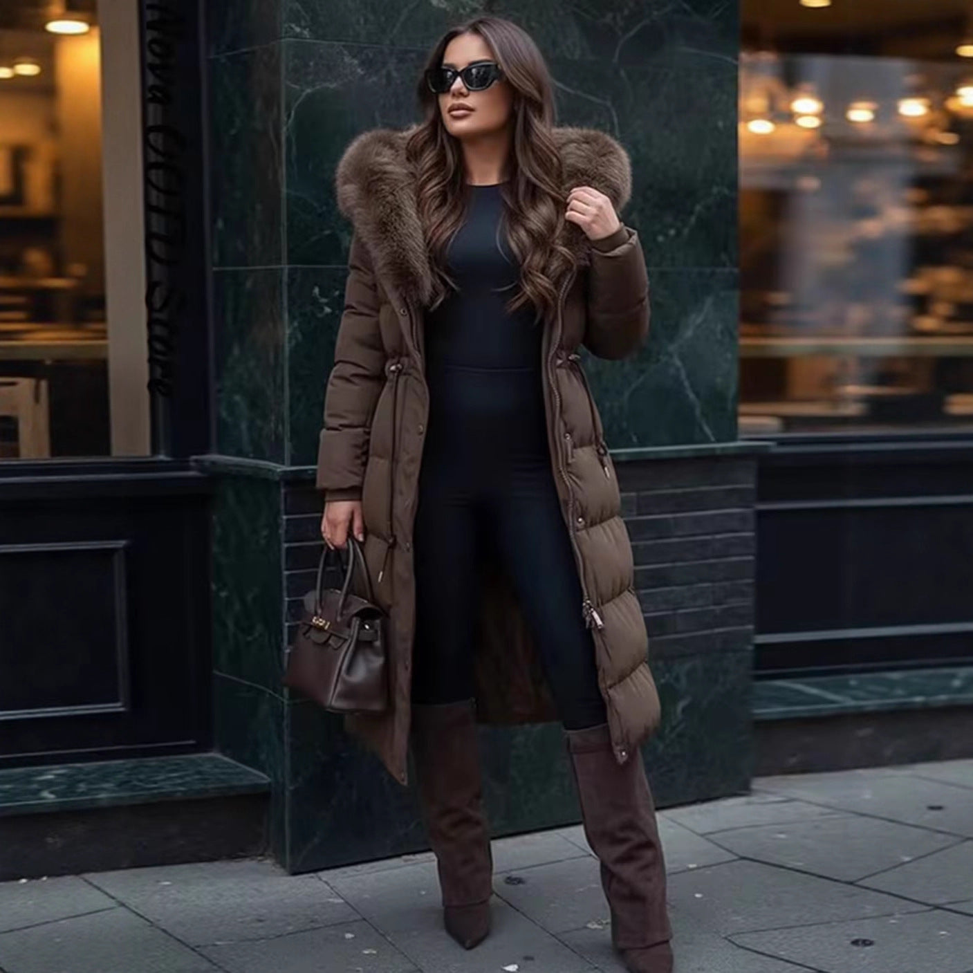 Manteau Long en Duvet avec Col en Fourrure