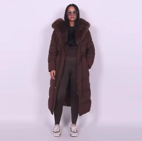 Manteau Long en Duvet avec Col en Fourrure