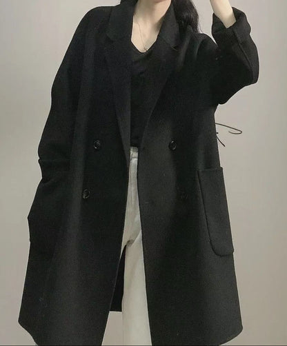 Manteau en laine lâche de style simple mi-long