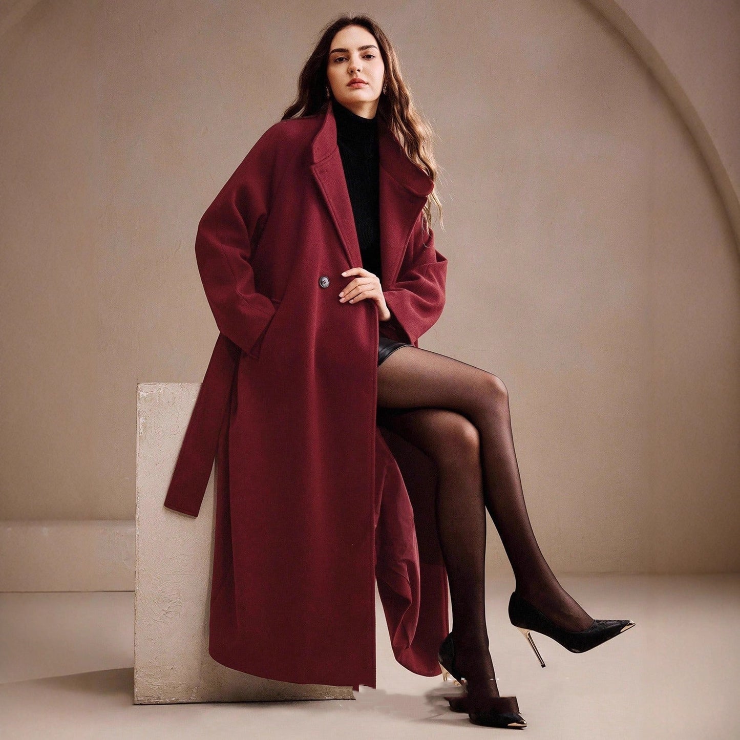 Manteau long en laine à double boutonnage avec col de costume