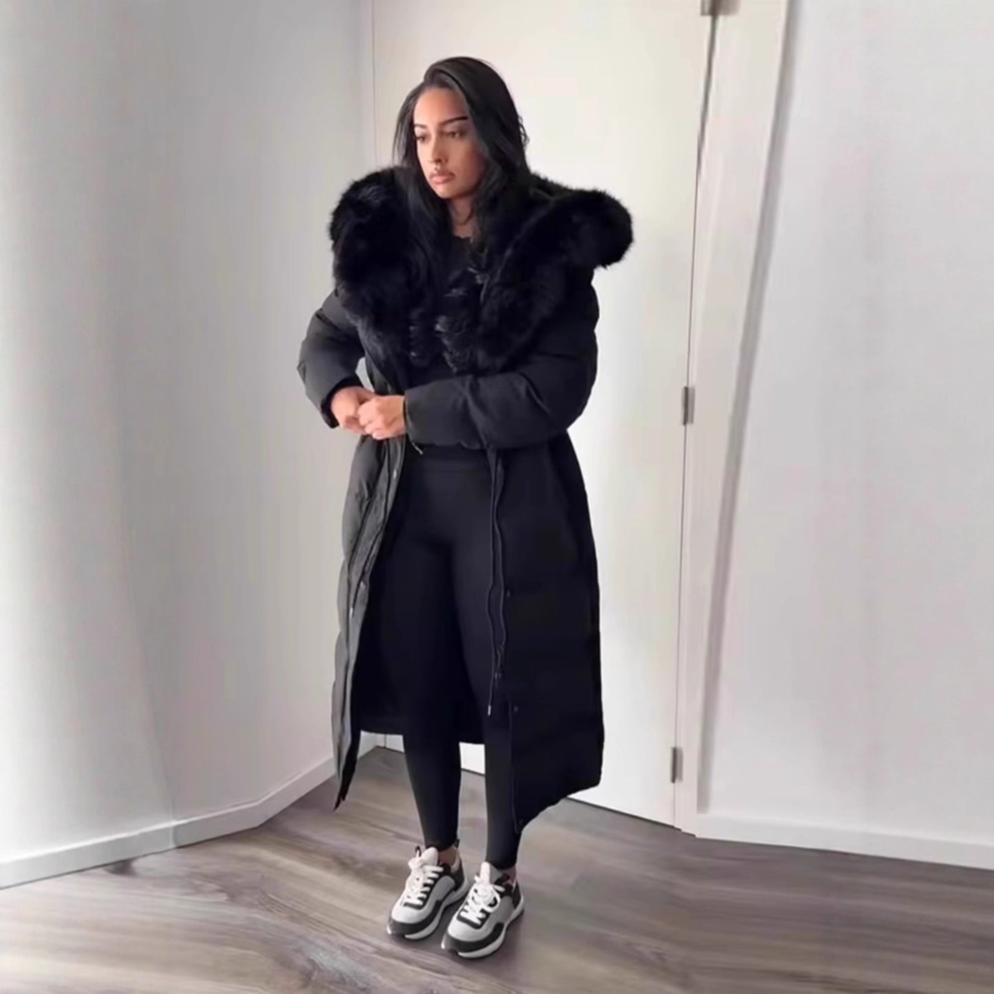 Manteau Long en Duvet avec Col en Fourrure